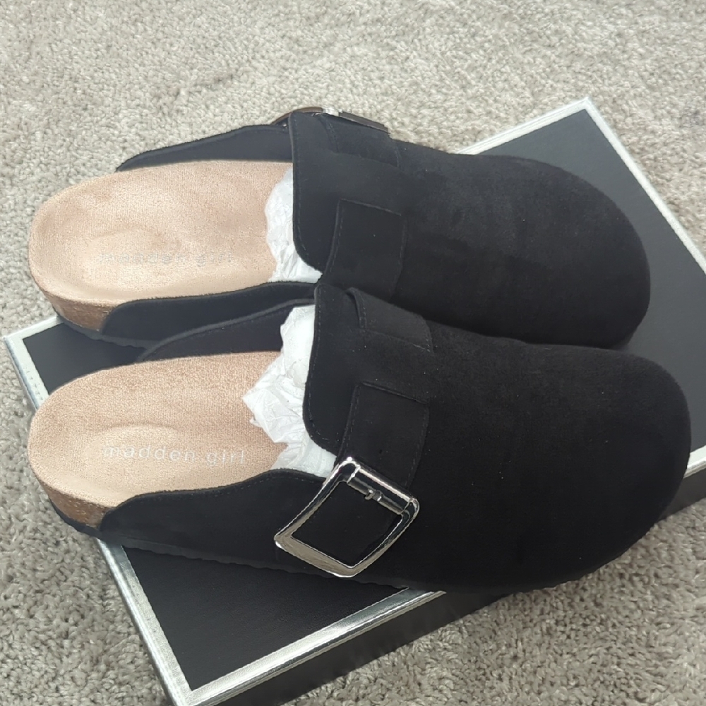 Madden Girl Black Mules Slides with Metallic Buckle